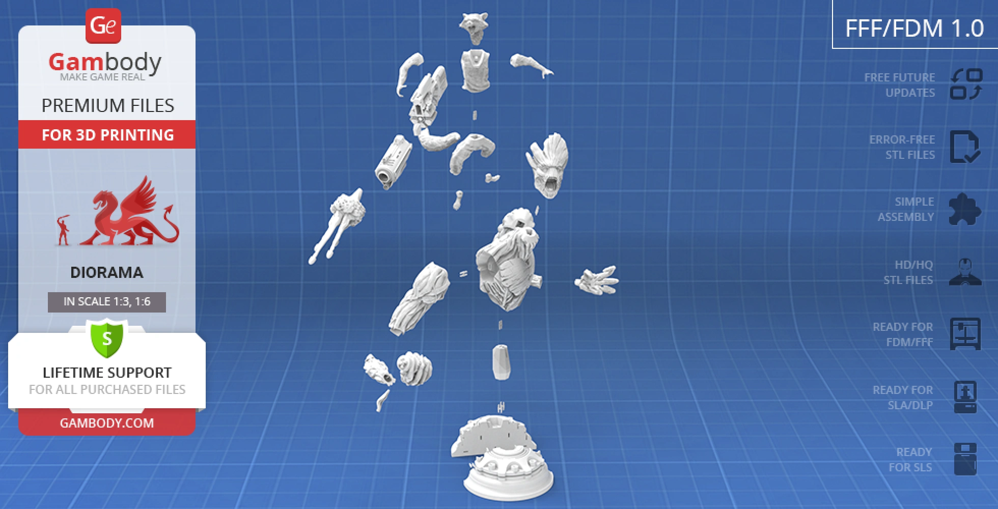 Disassembled 3D model parts of Rocket & Groot bust for printing on a blue grid backdrop.