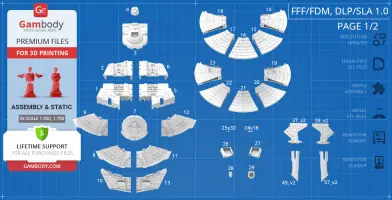 USS Reliant 3D model parts layout for printing, shown on a blueprint-style background.