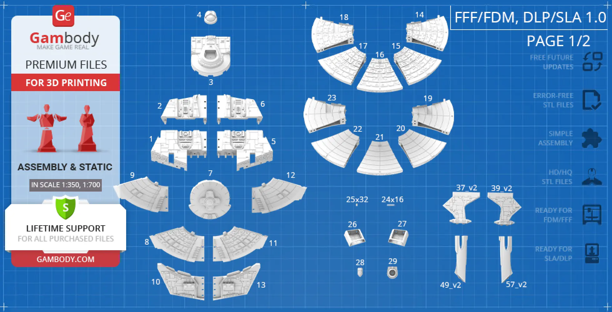 USS Reliant 3D model parts layout for printing, shown on a blueprint-style background.