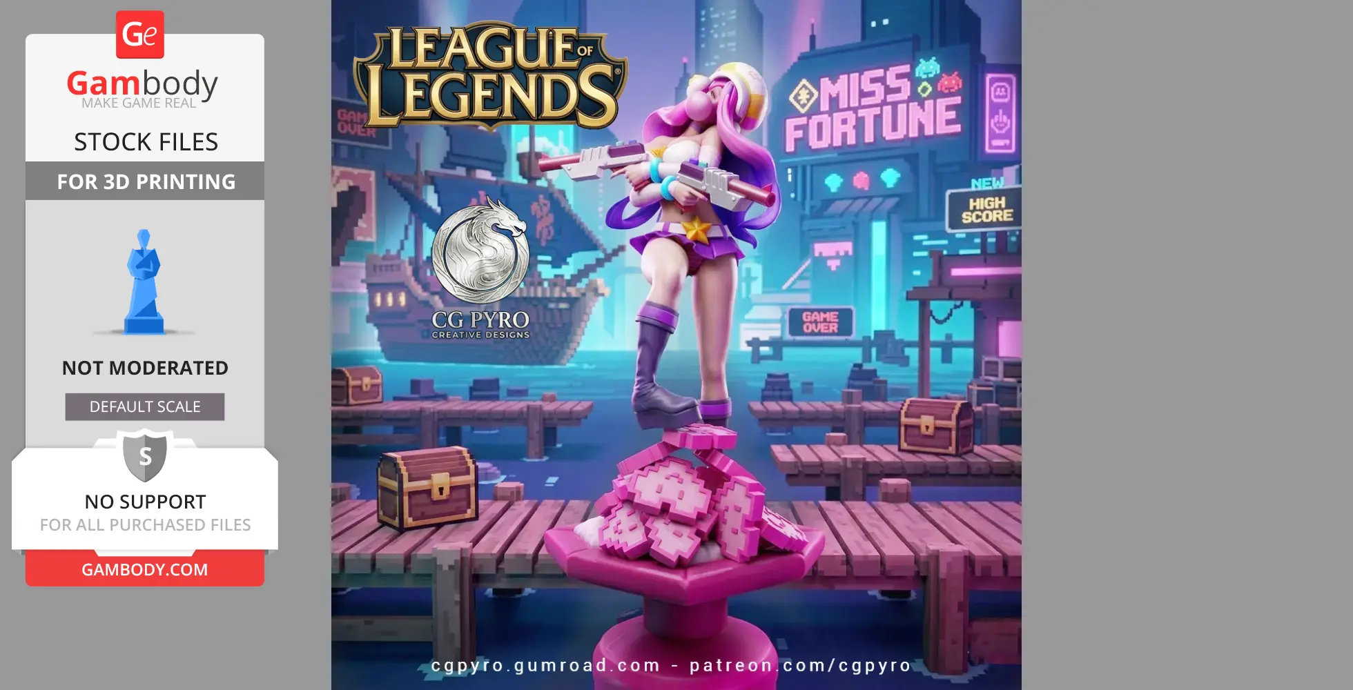 A vibrant 3D model of a character with pink hair and dual guns on a pixelated game-themed platform.