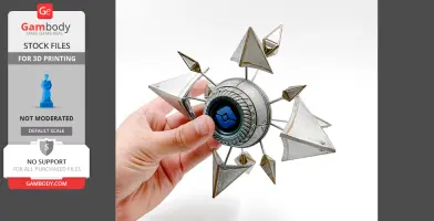 A hand holding a 3D-printed Destiny 2 Sagira's Shell with geometric, triangular designs.