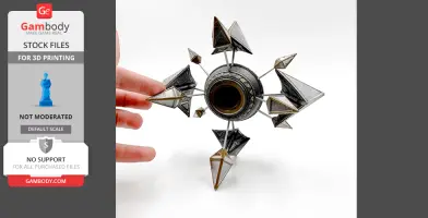 A 3D-printed, geometric model resembling Sagira's Shell from Destiny 2, with metallic textures.