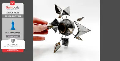 A 3D-printed geometric shell with angular, metallic spikes and a central spherical core design.