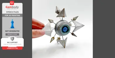 A futuristic geometric shell with a central blue core, featuring pointed metallic extensions.