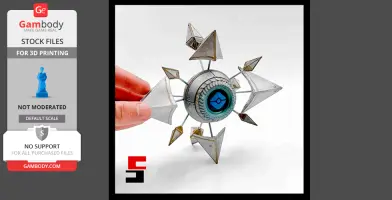 A geometric, mechanical object with a central blue circle, surrounded by metallic spikes.