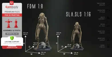 A 3D model of an eerie humanoid creature with elongated limbs, shown in two scales for 3D printing.