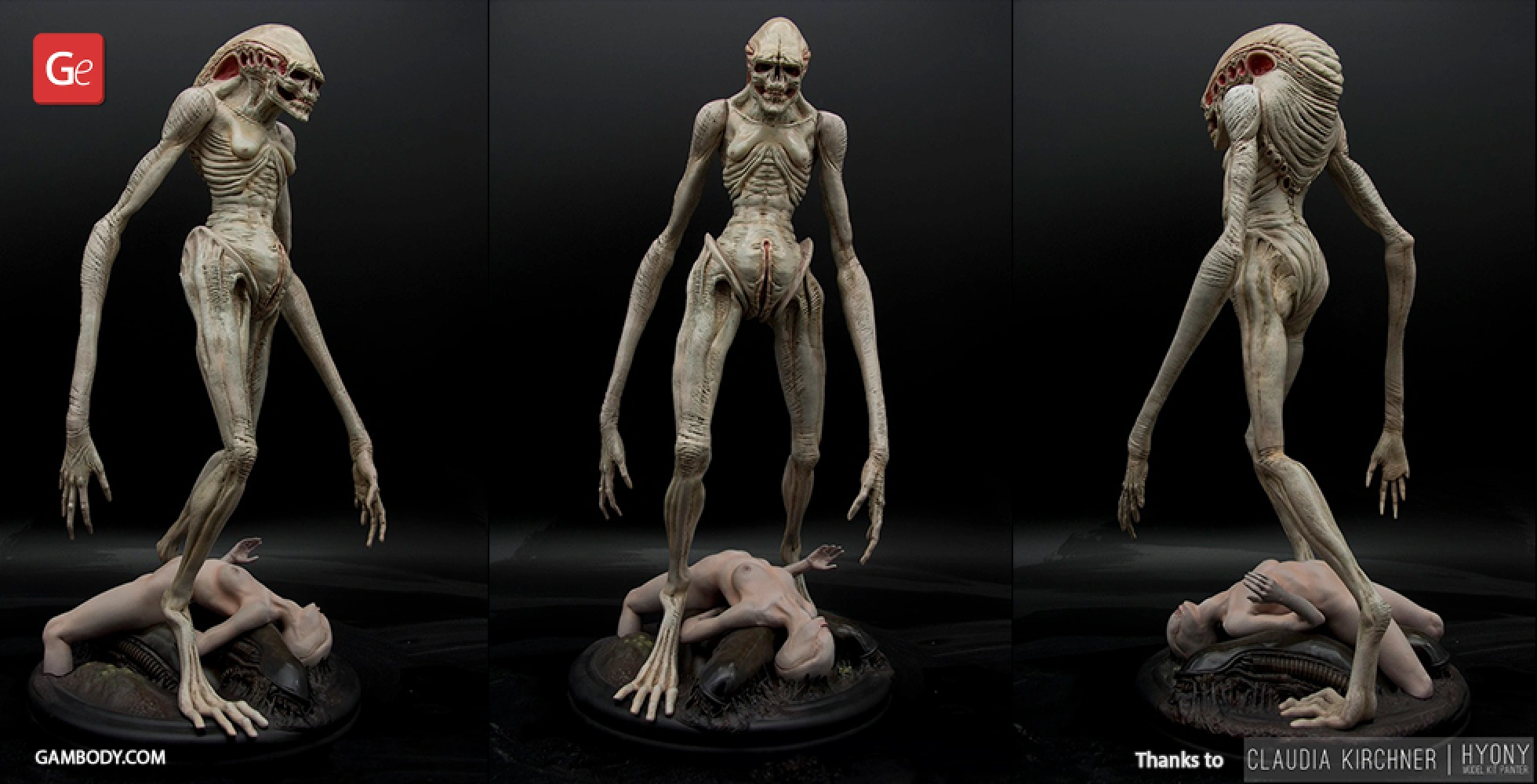 Alien creature model with elongated limbs standing over a fallen figure, designed for 3D printing.