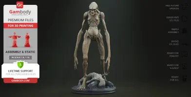 Grotesque humanoid creature with elongated limbs on a display base, intended for 3D printing.