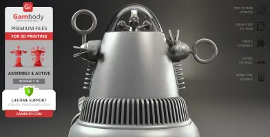 Close-up of a futuristic silver robot model with antennae and circular components.