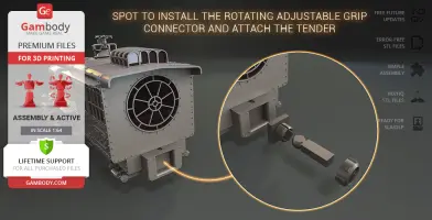 Close-up of a 3D model train part showing where to install a rotating grip connector for assembly.