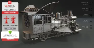 3D model of a Jules Verne-inspired locomotive for printing; detailed design, available from Gambody.
