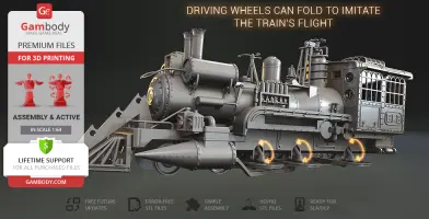 3D model of Jules Verne-inspired train locomotive for printing; includes foldable driving wheels.