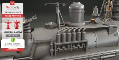 Detailed Jules Verne-themed locomotive model for 3D printing, showcasing intricate machinery and design elements.