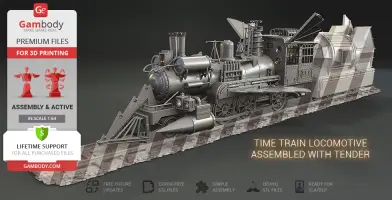 A detailed 3D model of a vintage steam locomotive with a tender on display, ready for 3D printing.
