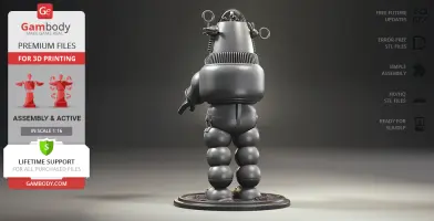 A metallic robot figure with a rounded body and legs, designed for 3D printing, displayed against a dark background.