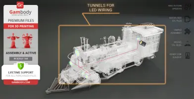 Transparent 3D model of Jules Verne train locomotive with LED wiring guides, promoted by Gambody.