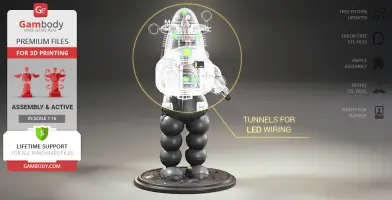 A 3D model of Robby the Robot showcasing internal LED wiring tunnels, with Gambody promotional text.