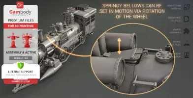 A detailed model of a vintage train locomotive for 3D printing, highlighting movable springy bellows.