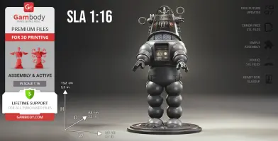 A sleek robot model with a bubble-like head and round limbs, designed for 3D printing at 1:16 scale.