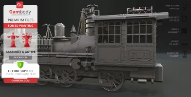 A detailed 3D model of a vintage train locomotive for printing, shown with various product feature icons.