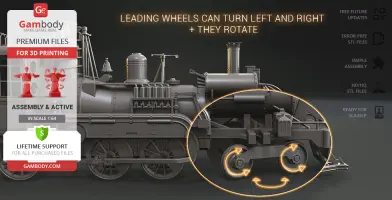 3D model of a Jules Verne train locomotive with rotating lead wheels, ready for 3D printing.