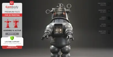A detailed model of a robot ready for 3D printing, with assembly and STL file info displayed.