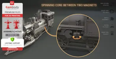3D model of a Jules Verne style train locomotive with highlighted spinning core detail for printing.