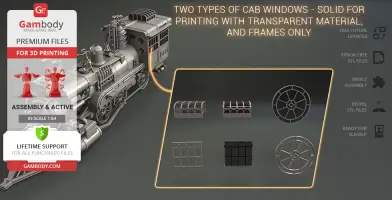A 3D model of a steam locomotive with detailed cab windows and promotional text for Gambody's STL files.