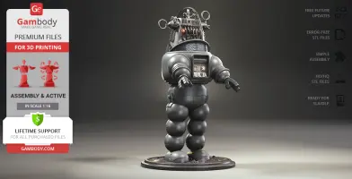 3D model of a vintage-style robot on a display. Promotes STL files for 3D printing from Gambody.