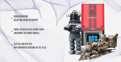 HALOT-ONE resin 3D printer, Robby the Robot, and Jules Verne train locomotive models shown.