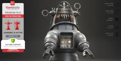 A detailed 3D model of Robby the Robot for 3D printing, featuring intricate mechanical parts and accessories.