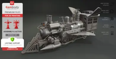A detailed 3D model of a futuristic Jules Verne-inspired locomotive for 3D printing.