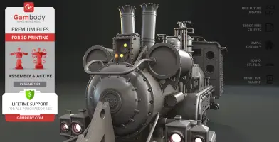 A detailed 3D model of a vintage train locomotive with industrial design elements.