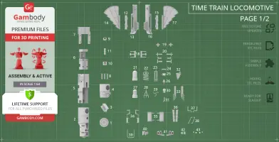 STL file parts layout for Jules Verne Train Locomotive, including diverse detailed components for 3D printing.