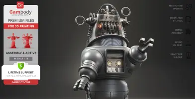 A detailed 3D model of a retro-style robot with gears and antennas, designed for 3D printing.