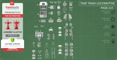 Blueprint layout for 3D printing Time Train Locomotive, with parts labeled for assembly.