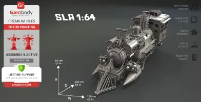A detailed 3D model of a Jules Verne-inspired steam locomotive, shown in scale 1:64 for 3D printing.