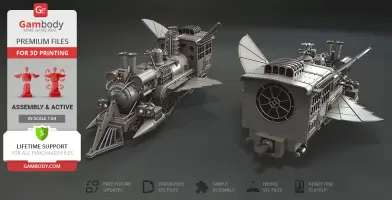 A detailed 3D model of a Jules Verne-inspired train, ready for 3D printing, with wings and industrial elements.