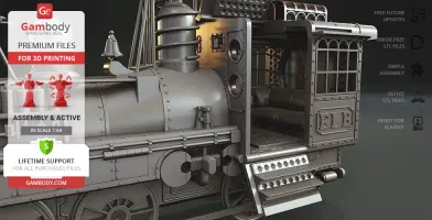 A detailed 3D model of a vintage train locomotive with visible cabin interior, designed for 3D printing.