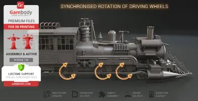 A detailed 3D model of a Jules Verne-like locomotive with synchronized driving wheels.
