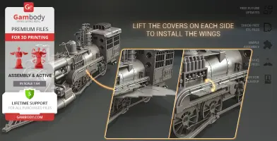 3D model of a detailed train locomotive with an instruction to install wings on the sides.