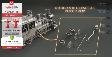 Detailed Jules Verne locomotive 3D model with running gear components displayed separately.