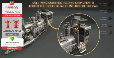 3D model of a Jules Verne-style train with detailed cab interior, highlighting features for 3D printing.