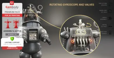A detailed 3D model of Robby the Robot, highlighting rotating gyroscope and valve features.