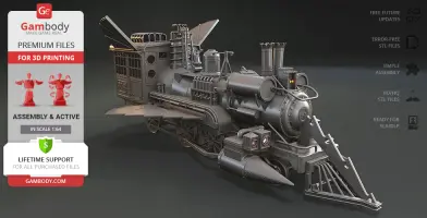 A detailed 3D model of a steampunk-style locomotive for 3D printing, displayed on Gambody.