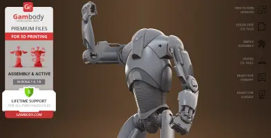 A detailed 3D model of a futuristic battle droid, posed with an arm raised, designed for 3D printing.