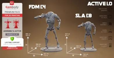 Two detailed Super Battle Droid 3D models in 1:4 and 1:8 scales with dimensions and printing features.