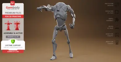 A 3D model of a Super Battle Droid in a dynamic pose, ready for 3D printing, displayed on Gambody.