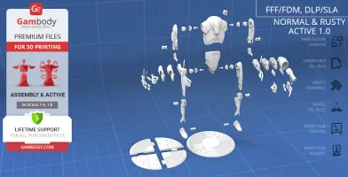 Exploded view of a Super Battle Droid 3D model for printing, showing various detachable parts.