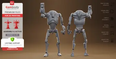 Two articulated robot figures designed for 3D printing, shown in a ready-to-assemble format.